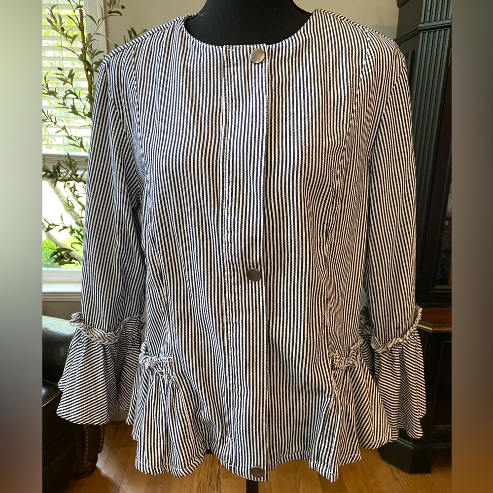 Live a Little Jacket Top Womens LAL White Navy Stripe Bell Cuff SZ Lg